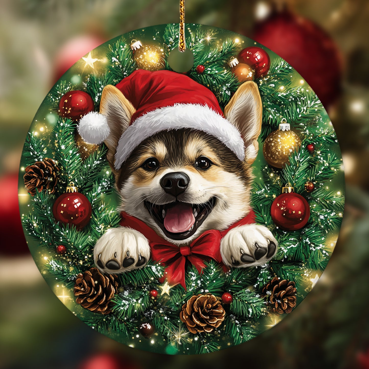 Netecom Funny Akita Christmas Ornament, Dog Santa Hat Ceramic Ornament for Xmas Tree Hanging Decorations Gift, Puppy Lover Gifts, Home Decor, Holiday Party Present