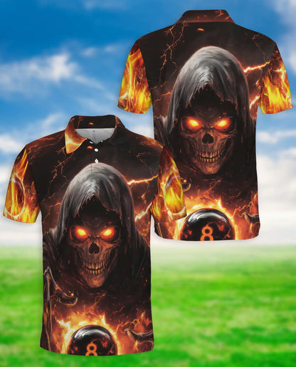 Dark Grim Reaper Skull 3D Polo Shirt for Men – Fiery Gothic Horror Style | Netecom