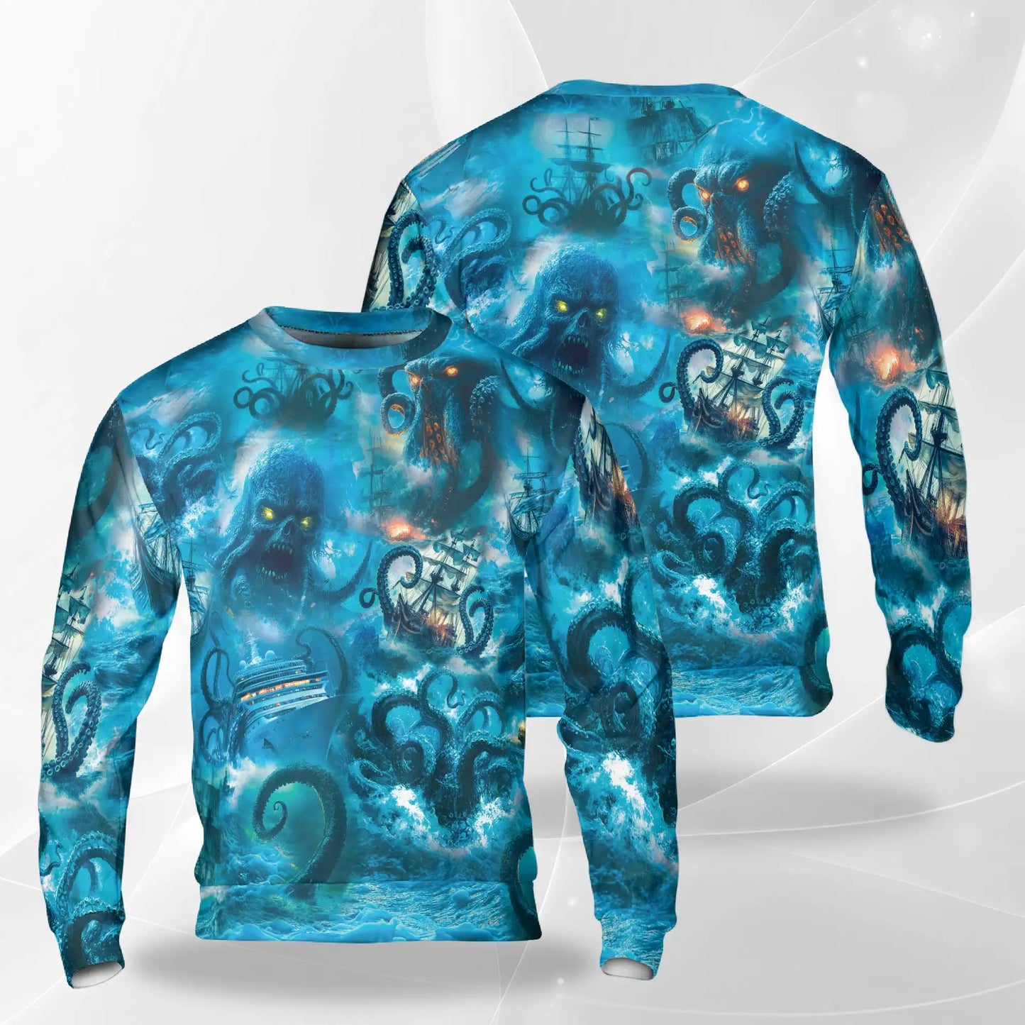 Legend Octopus Attacking Ship Sweatshirt, 3D All Over Print Kraken Ocean Adventure Crewneck Pullover for Men Women, Octopus Lover Gift - Netecom