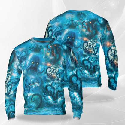 Legend Octopus Attacking Ship Sweatshirt, 3D All Over Print Kraken Ocean Adventure Crewneck Pullover for Men Women, Octopus Lover Gift - Netecom