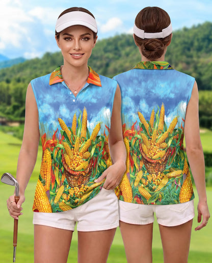 Corn Pattern Sleeveless Polo Shirt for Women | Netecom