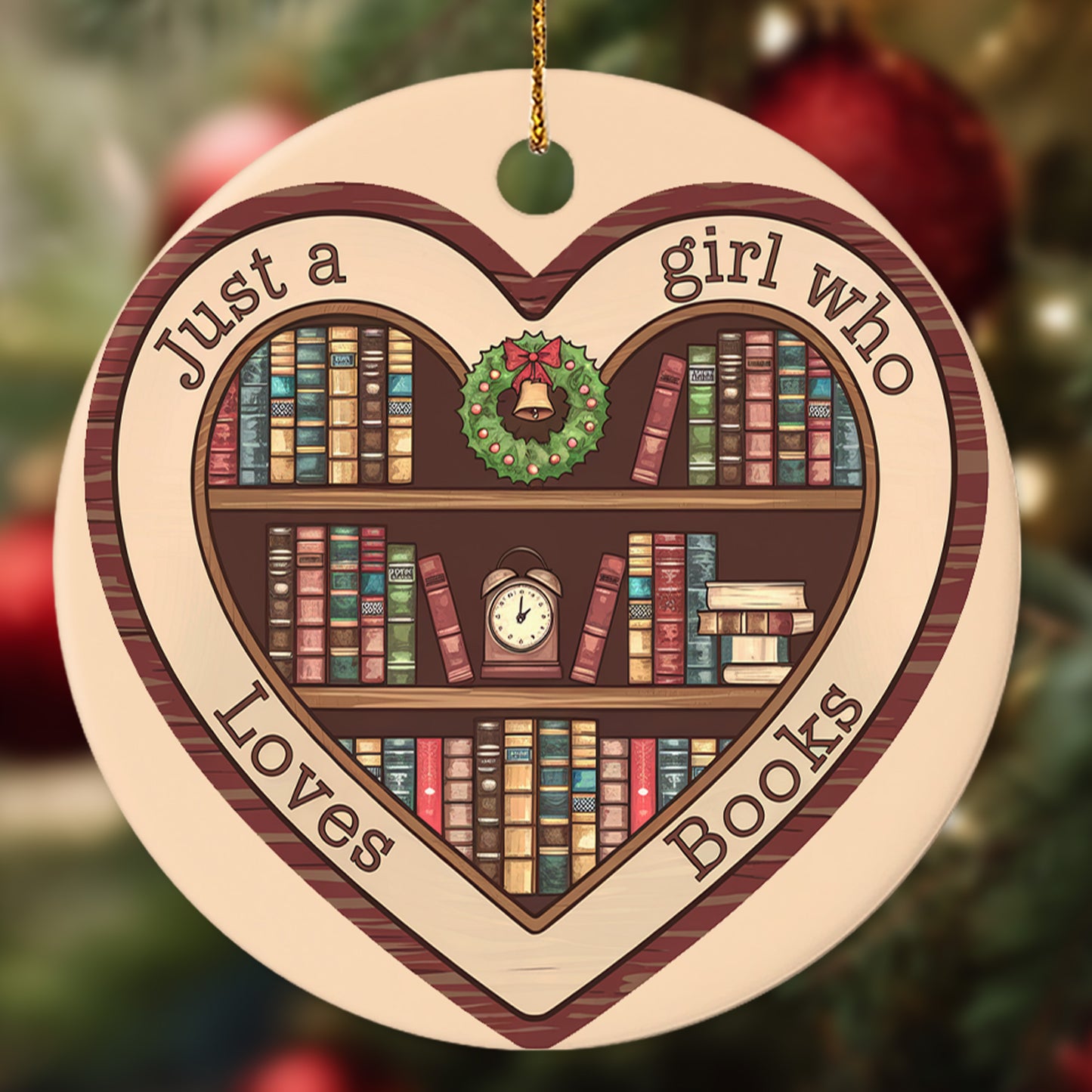 Netecom Just a Girl Who Loves Books Ornament, Bookshelf Heart Ceramic Ornament for Christmas Tree Hanging Decorations Gift, Book Lover Gifts for Women Librarian Teacher Bookworm, Party Present
