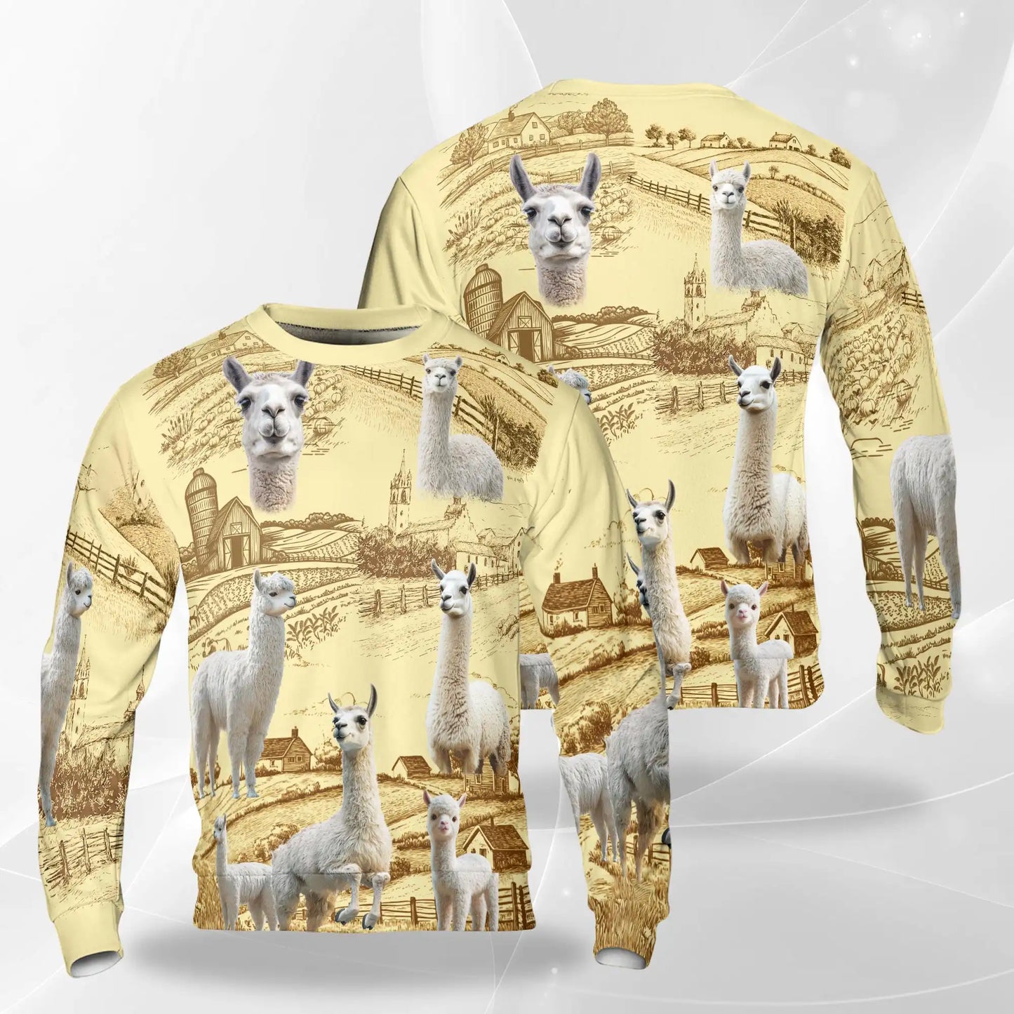 Vintage Countryside Farm Llama Sweatshirt, 3D All Over Print Rustic Farm Animal Crewneck Pullover for Men Women, Llama Lover Gift - Netecom