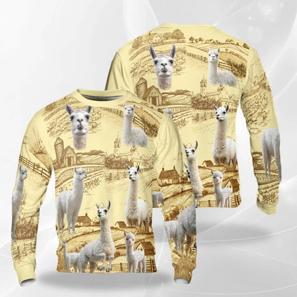 Vintage Countryside Farm Llama Sweatshirt, 3D All Over Print Rustic Farm Animal Crewneck Pullover for Men Women, Llama Lover Gift - Netecom