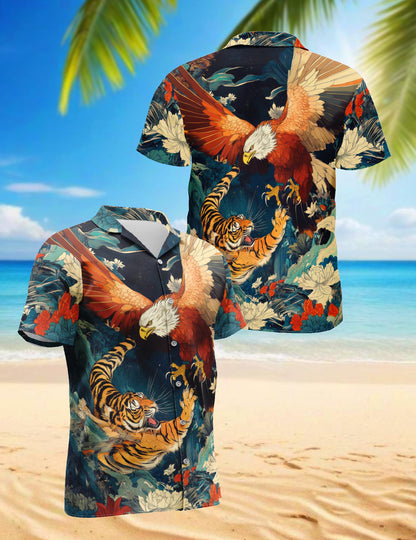 Netecom Eagle and Tiger Battle Hawaiian Shirt for Men Women, Wild Animal Button Down Summer Beach Short Sleeve Shirts