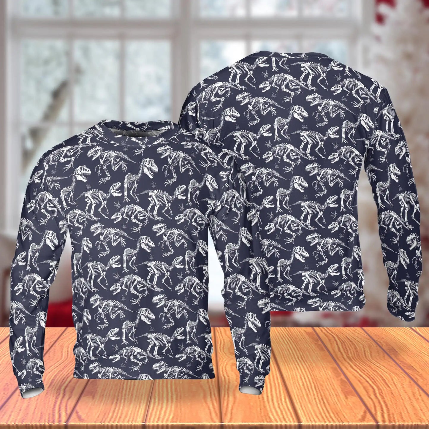 Dinosaur Skeleton Sweatshirt, 3D All Over Print Prehistoric Fossil Crewneck Pullover for Men Women, Dinosaur Lover Gift - Netecom