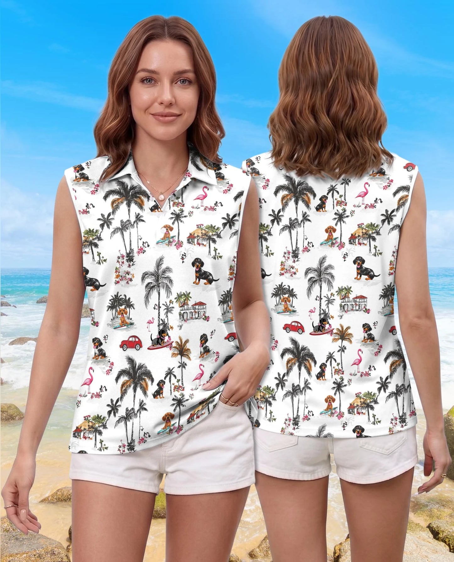Dachshund Beach Retro Sleeveless Polo Shirt for Women | Netecom