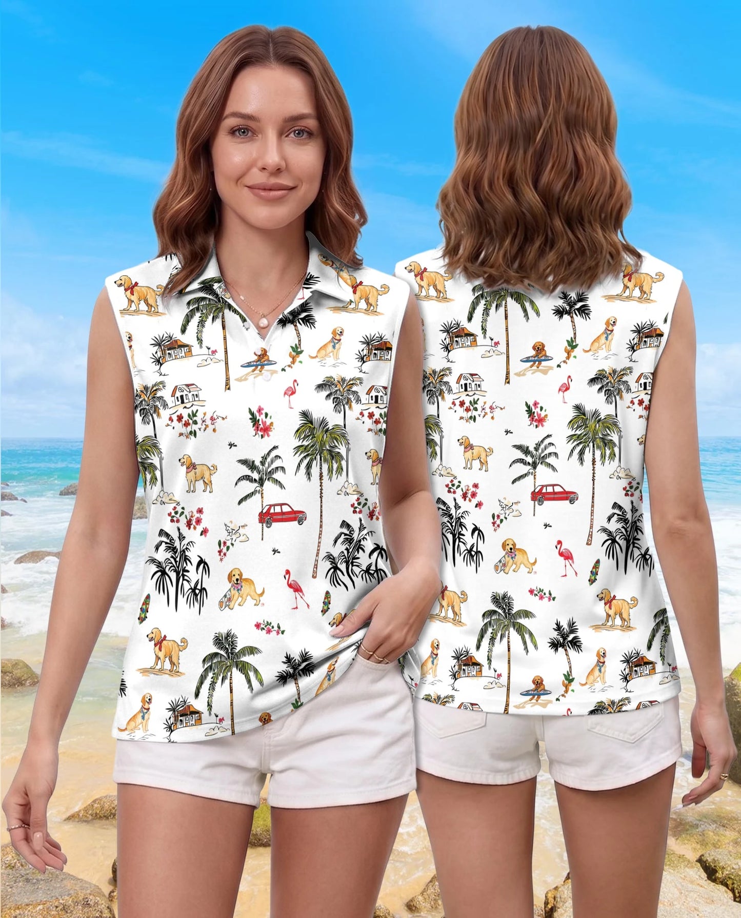 Golden Retriever Beach Sleeveless Polo Shirt for Women | Netecom