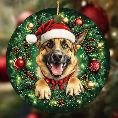 Netecom Funny German Shepherd in Santa Hat Christmas Ornament, Puppy Ceramic Ornament for Xmas Tree Hanging Decorations Gift, Dog Lover Gifts, Holiday Party Present