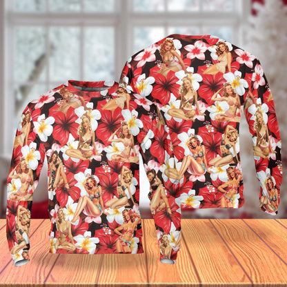 Pinup Girls Retro Tropical Red Sweatshirt, 3D All Over Print Vintage Pinup Crewneck Pullover for Men Women, Retro Style Gift - Netecom