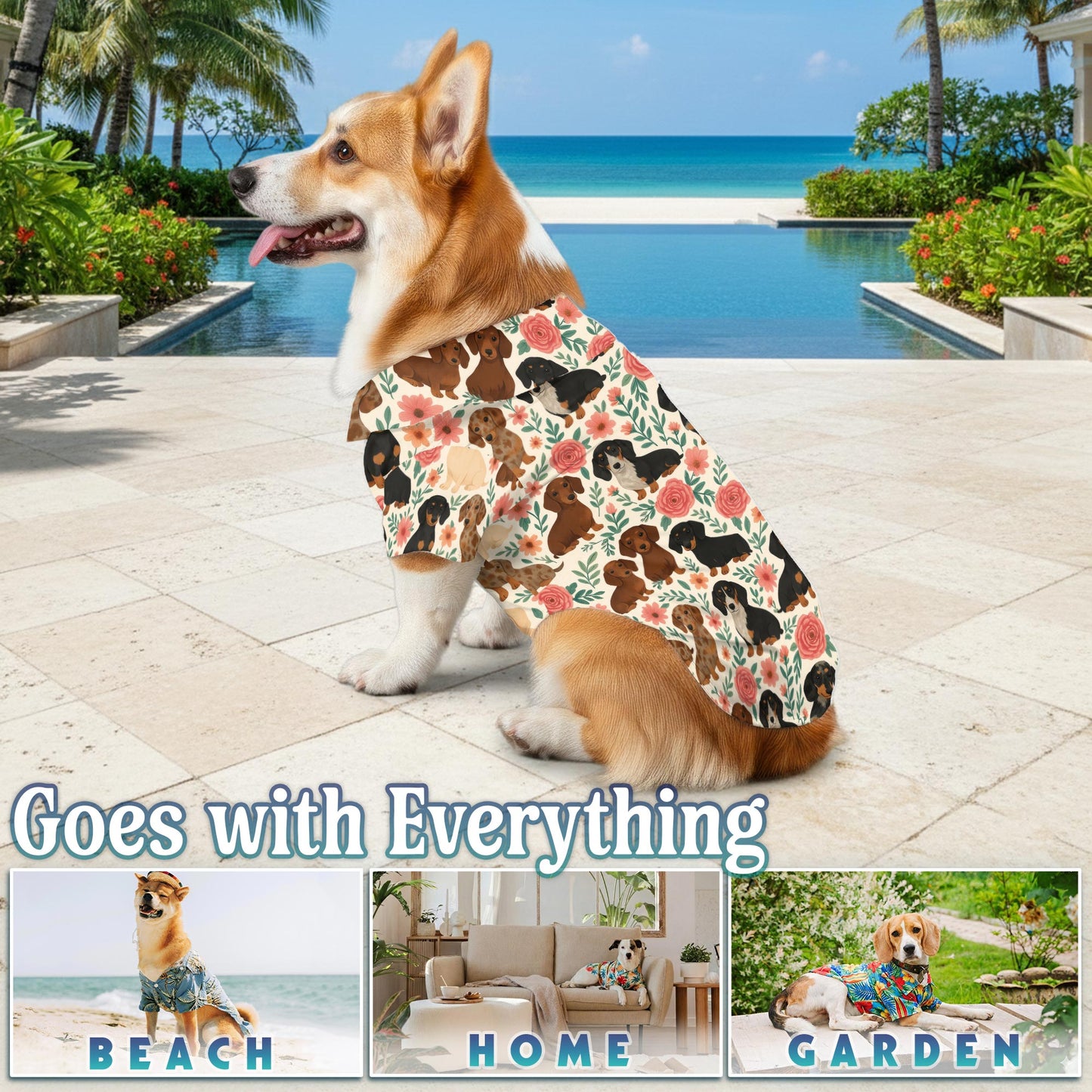 Netecom Matching Floral Dachshund Aloha Hawaiian Shirt for Dog and Owner, Aloha Summer Shirt, Dog Breed Floral Print Outfit for Pet and Human, Beach Vacation Casual Wear