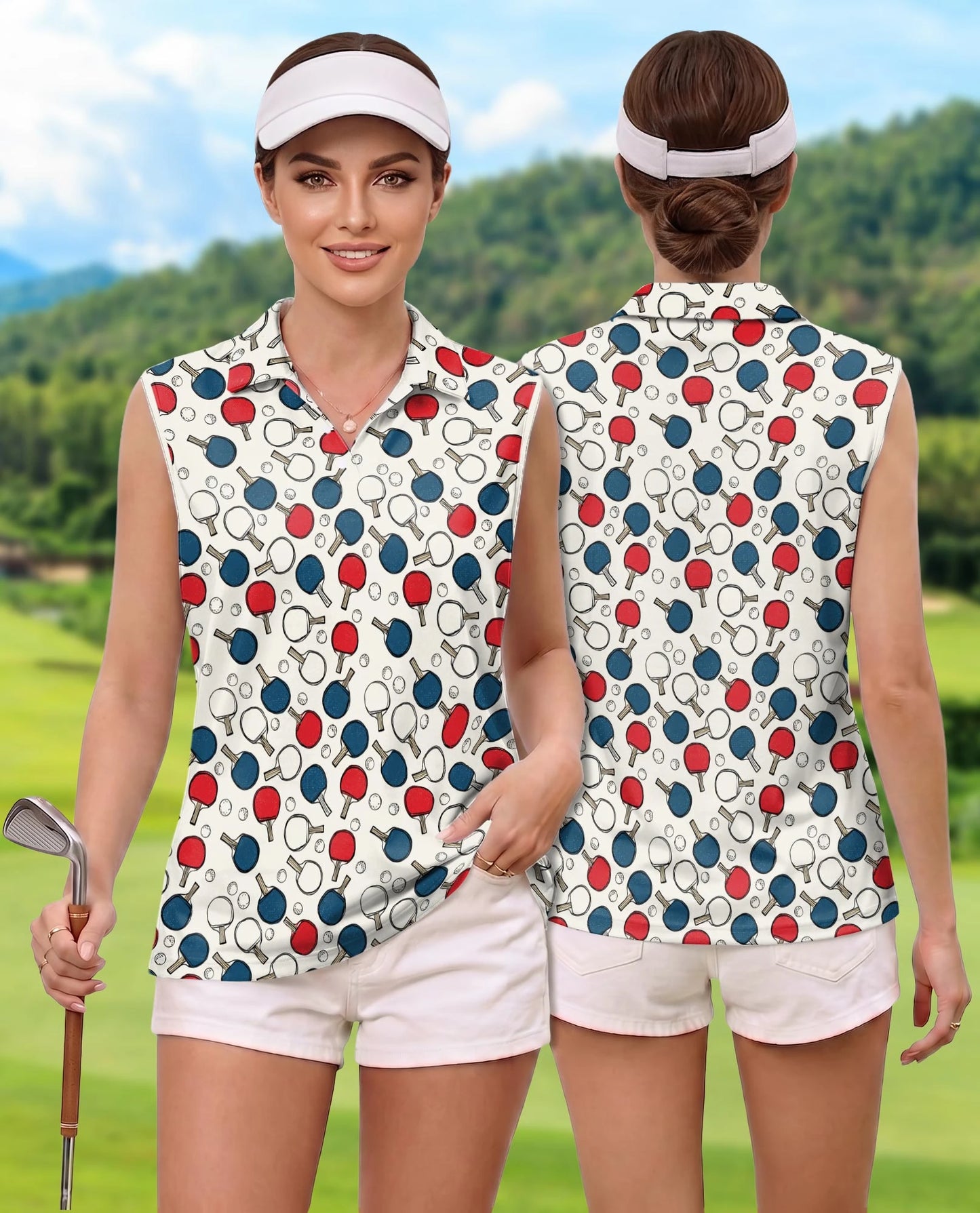 Ping Pong Pattern Sleeveless Polo Shirt for Women | Netecom