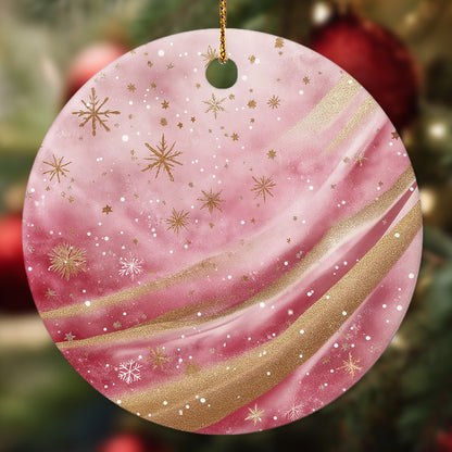 Netecom Marble Texture Pattern Pink Ornament, Ceramic Gold Glitter Snowflakes Keepsake Ornament for Xmas Tree Decorations, Gifts for Holiday, Party, Home Decor