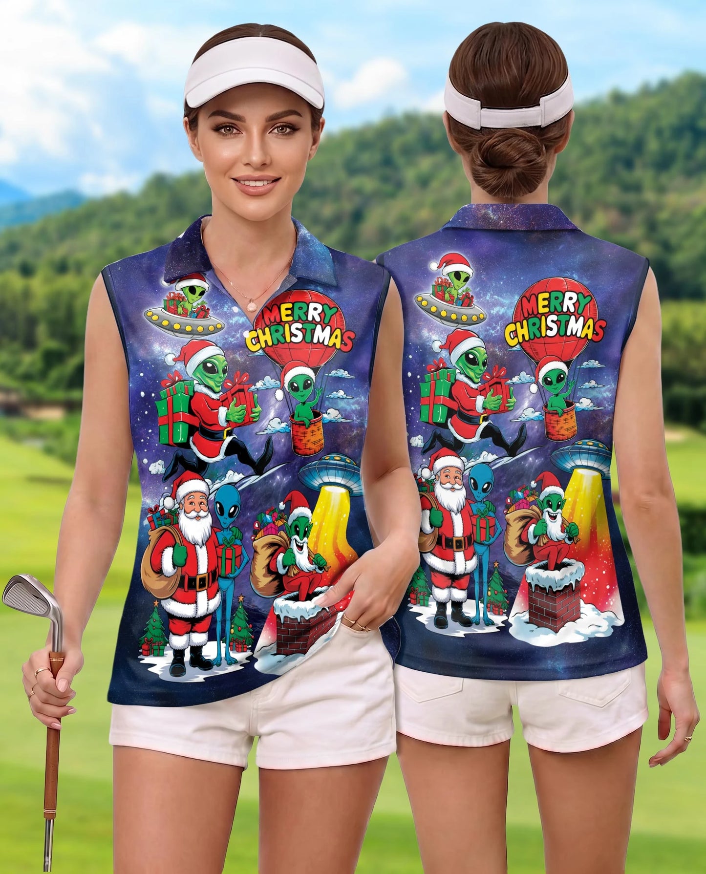 Alien Santas Christmas in the Galaxy Sleeveless Polo Shirt for Women | Netecom