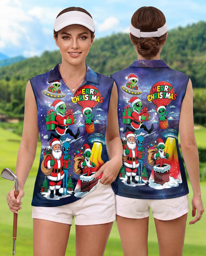 Alien Santas Christmas in the Galaxy Sleeveless Polo Shirt for Women | Netecom