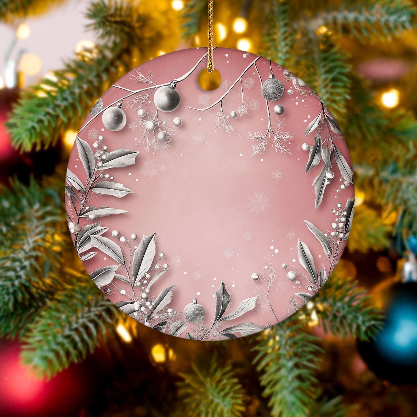 Netecom Elegant Pink Ornament, Ceramic Silver Holly Berries Keepsake Ornament for Xmas Tree Decorations, Gifts for Holiday, Party, Home Decor