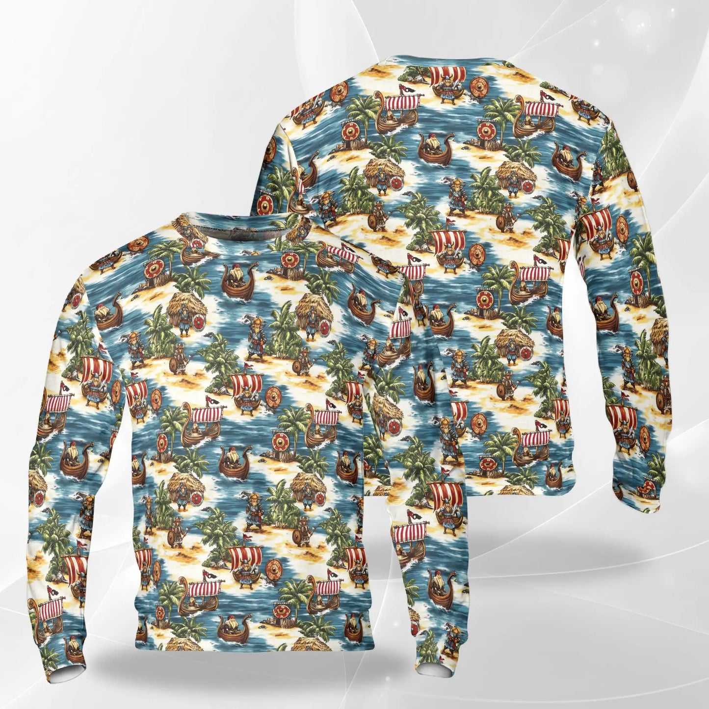Viking Tropical Sweatshirt, 3D All Over Print Norse Warrior Beach Crewneck Pullover for Men Women, Viking Lover Gift - Netecom