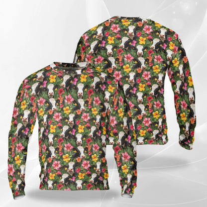 Tropical Holstein Cow Sweatshirt, 3D All Over Print Floral Cow Crewneck Pullover for Men Women, Cow Lover Gift - Netecom
