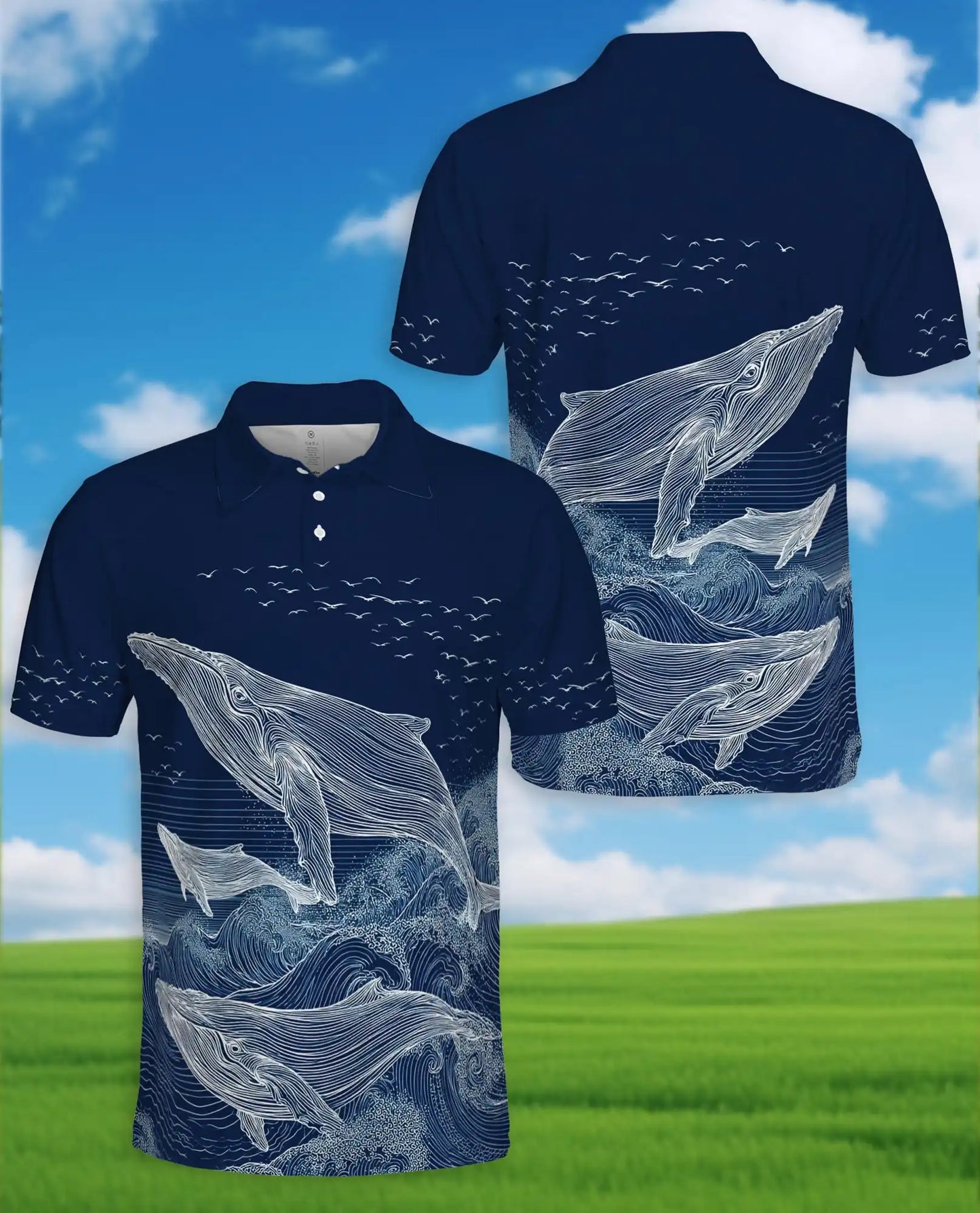 Whale Polo Shirt - Ocean Wave Marine Life Coastal Design | Netecom