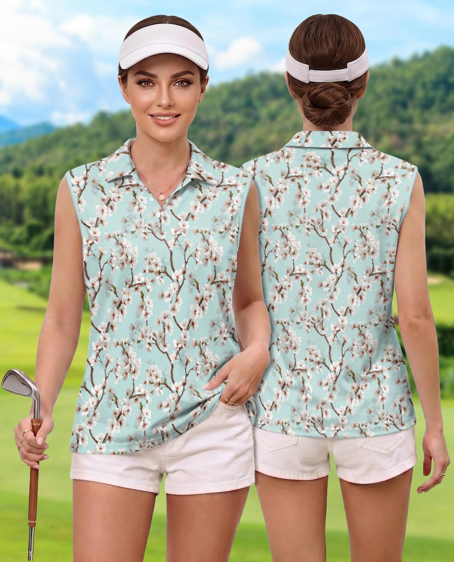White Sakura Cherry Blossom Sleeveless Polo Shirt for Women – Elegant Floral Style | Netecom
