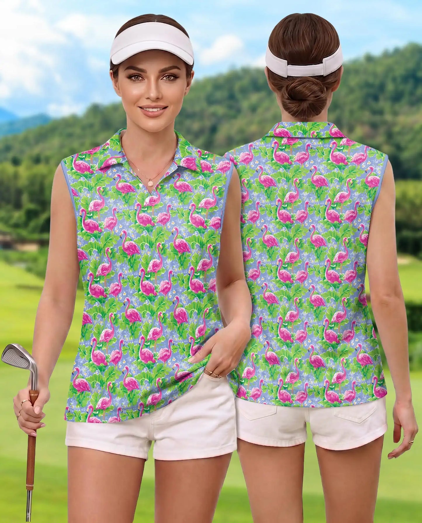 Watercolor Tropical Flamingo Sleeveless Polo Shirt for Women – Artistic Summer Style | Netecom