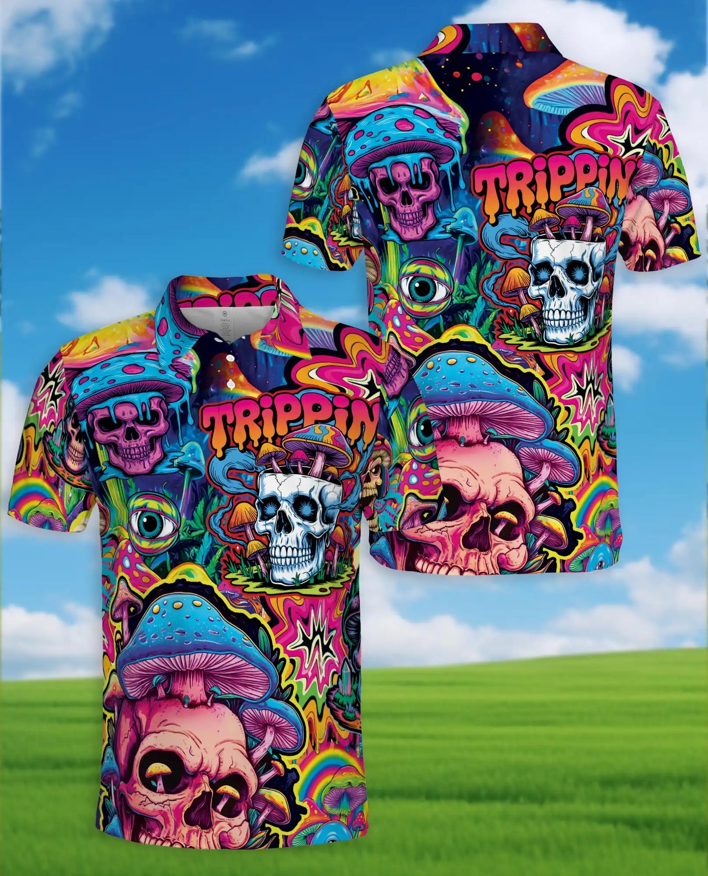 Trippy Psychedelic Skull Polo Shirt for Men – Colorful Mushroom Art | Netecom