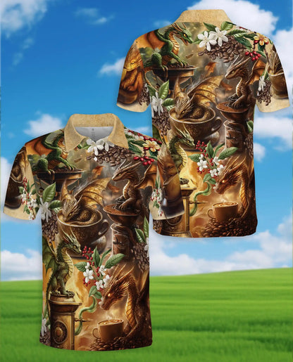 Coffee Dragon Polo Shirt for Men - Fantasy Coffee Lover | Netecom