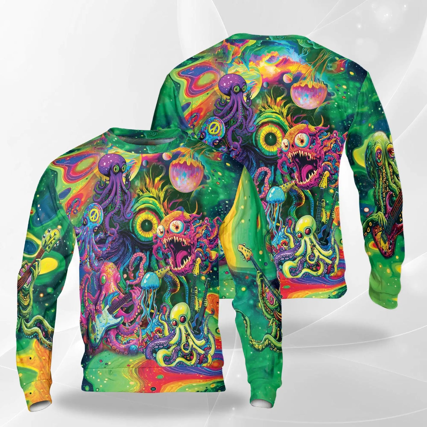 Hippie Octopus Guitar Sweatshirt, 3D All Over Print Psychedelic Ocean Crewneck Pullover for Men Women, Music and Ocean Lover Gift - Netecom