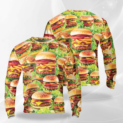 Delicious Hamburger Sweatshirt, 3D All Over Print Fast Food Crewneck Pullover for Men Women, Burger Lover Gift - Netecom
