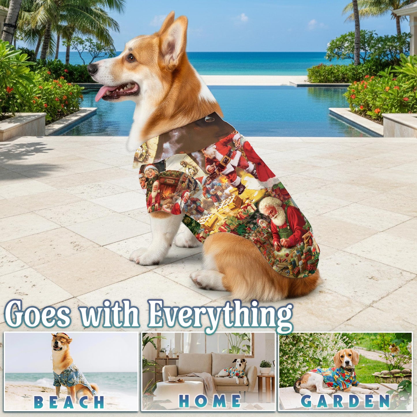 Netecom Matching Vintage Santa Claus Christmas Aloha Hawaiian Shirt for Dog and Owner, Aloha Summer Shirt, Retro Holiday Santa Print Outfit for Pet and Human, Beach Vacation Casual Wear