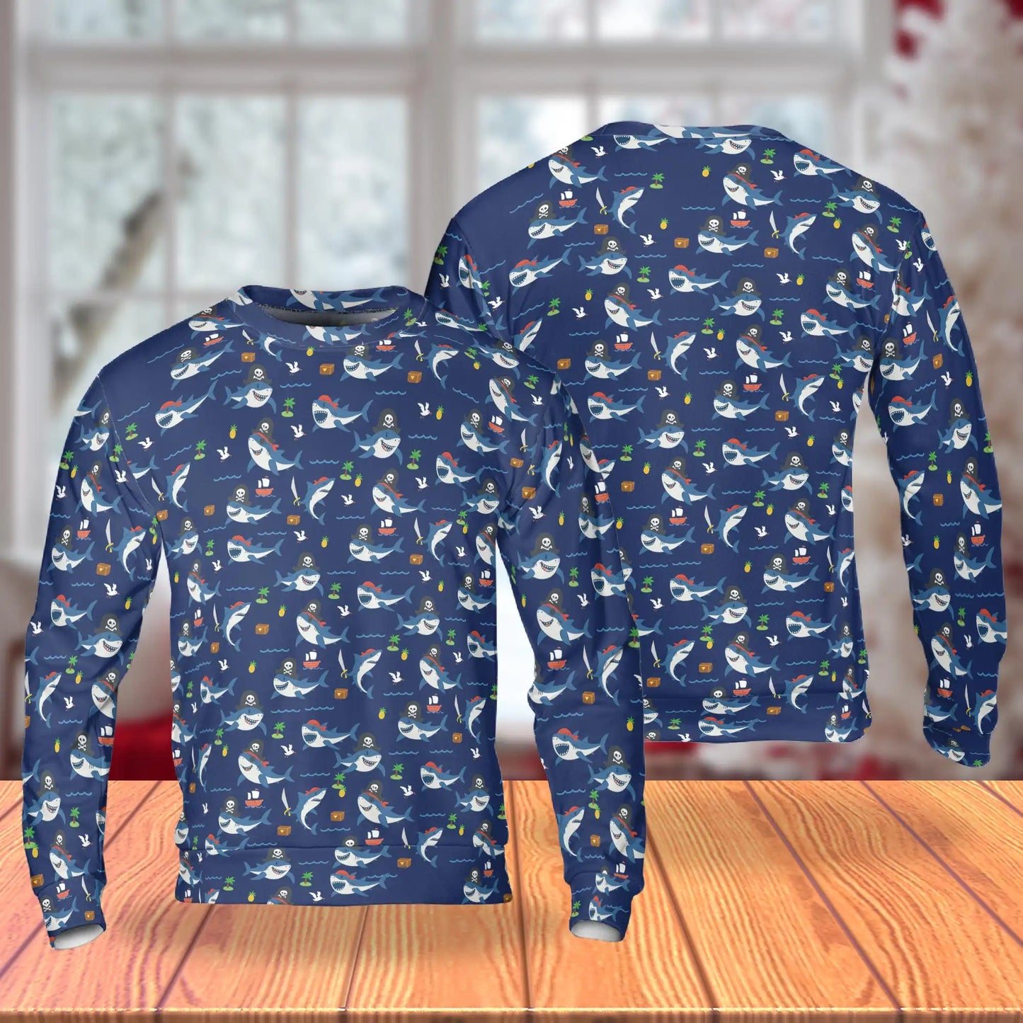 Shark Pirates Pattern Sweatshirt, 3D All Over Print Ocean Adventure Crewneck Pullover for Men Women, Shark Lover Gift - Netecom