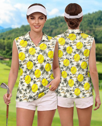 Tropical Palm Tree And Softball Sleeveless Polo Shirt for Women | Netecom