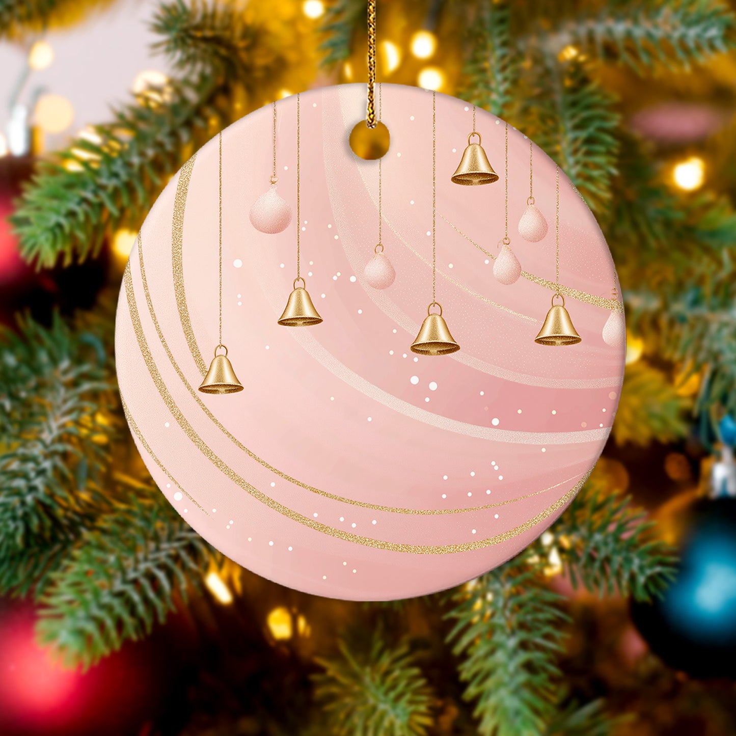 Netecom Elegant Pink Baubles Christmas Ornaments, Ceramic Bell with Glitter Swirl Keepsake Ornament for Xmas Tree Decorations, Gifts for Holiday, Party, Home Decor