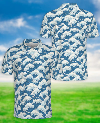 Japanese Ocean Wave 3D Polo Shirt for Men – Coastal Minimalist Art Style | Netecom