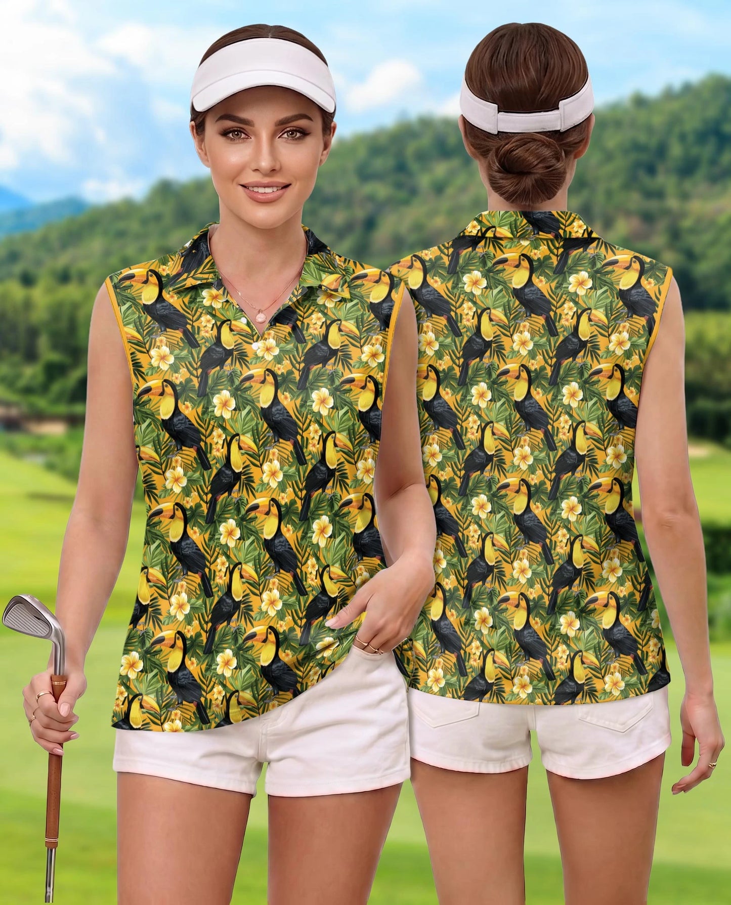 Toucan Tropical Floral Sleeveless Polo Shirt for Women – Exotic Bird Summer Style | Netecom