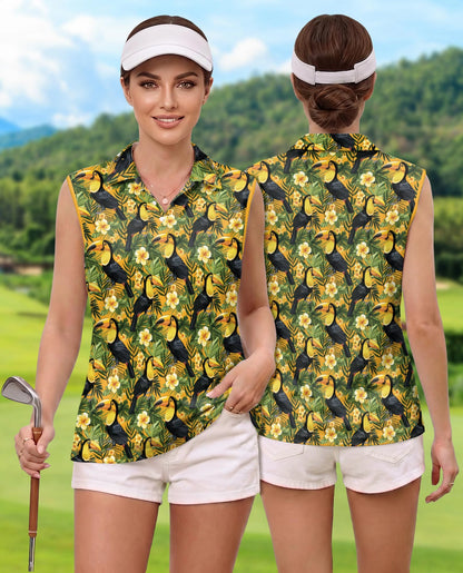 Toucan Tropical Floral Sleeveless Polo Shirt for Women – Exotic Bird Summer Style | Netecom