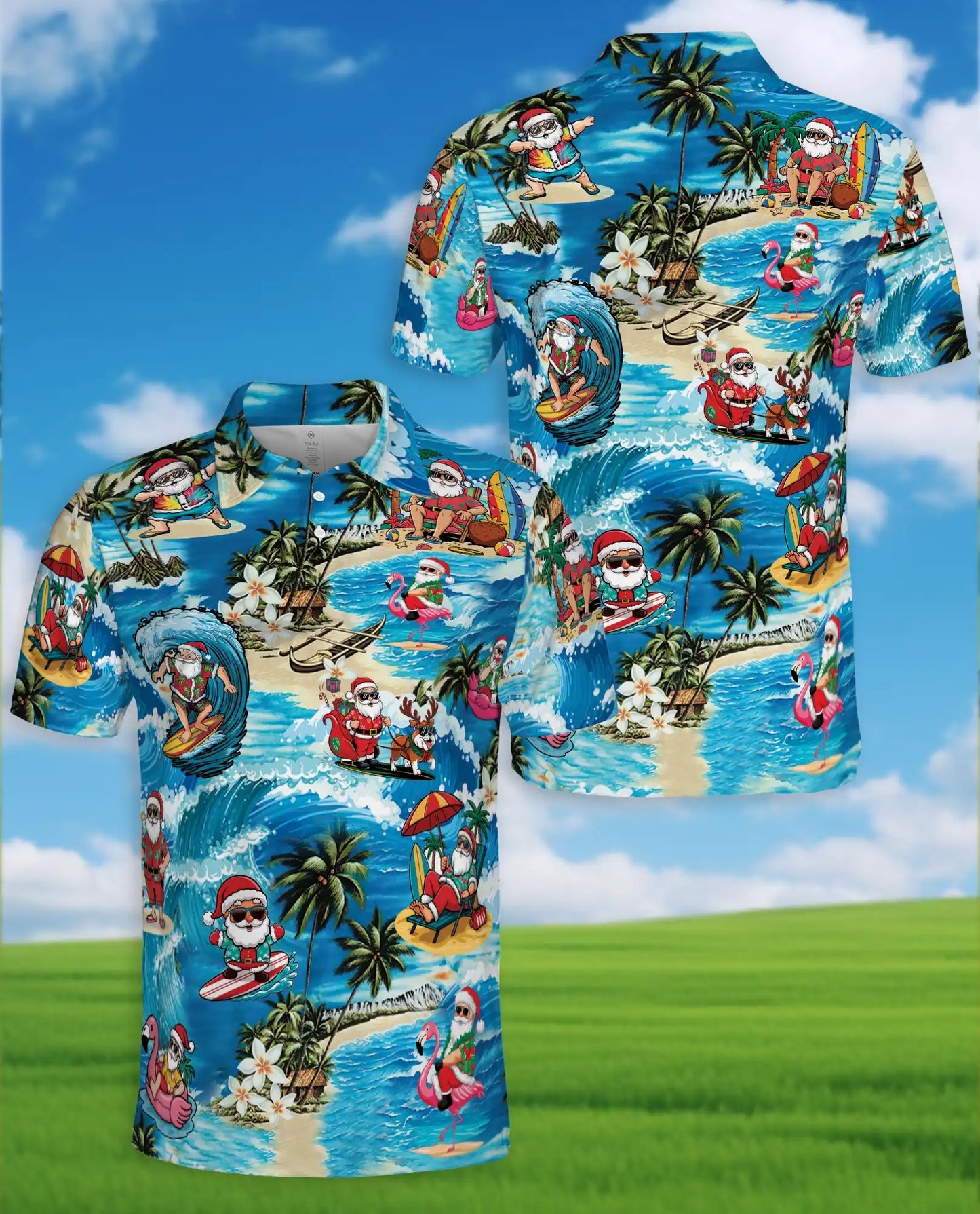 Surfing Santa 3D Polo Shirt for Men – Tropical Christmas Beach Style | Netecom
