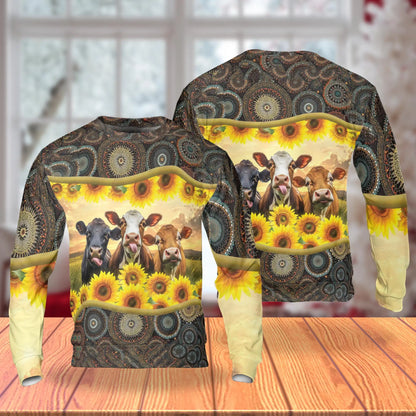 Sunflower Cattle Sweatshirt, 3D All Over Print Floral Cow Crewneck Pullover for Men Women, Cattle Lover Gift - Netecom