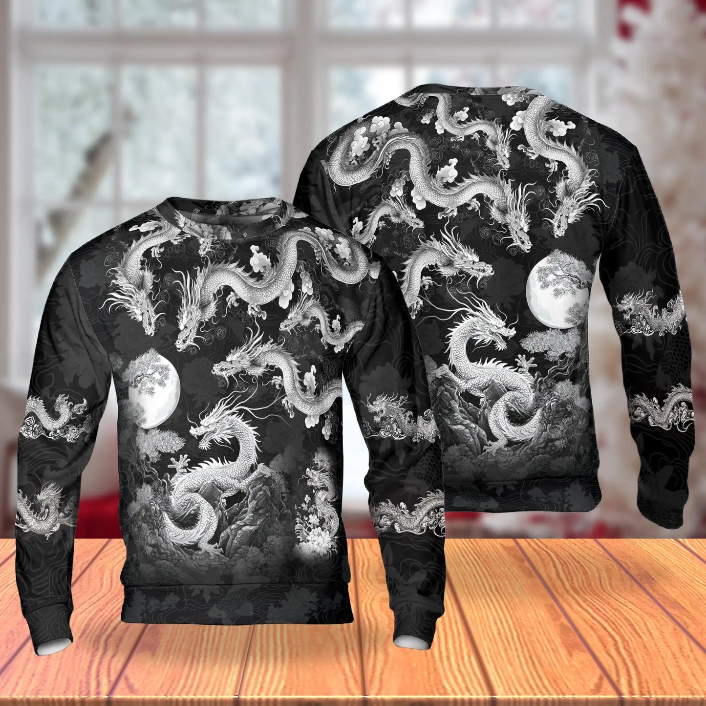 Black and White Dragon Sweatshirt, 3D All Over Print Monochrome Fantasy Crewneck Pullover for Men Women, Dragon Lover Gift - Netecom