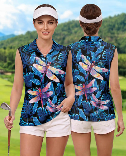 Amazing Dragonfly Blue Tropical Sleeveless Polo Shirt for Women | Netecom