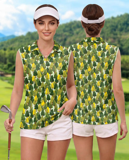 Pattern Tree Sleeveless Polo Shirt for Women – Nature Botanical Style | Netecom