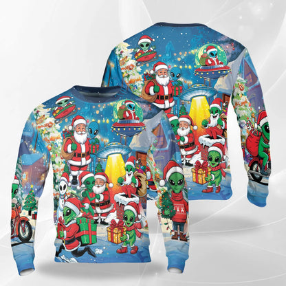 Alien and Santa Claus Christmas Sweatshirt, 3D All Over Print Holiday Space Crewneck Pullover for Men Women, Christmas Gift - Netecom