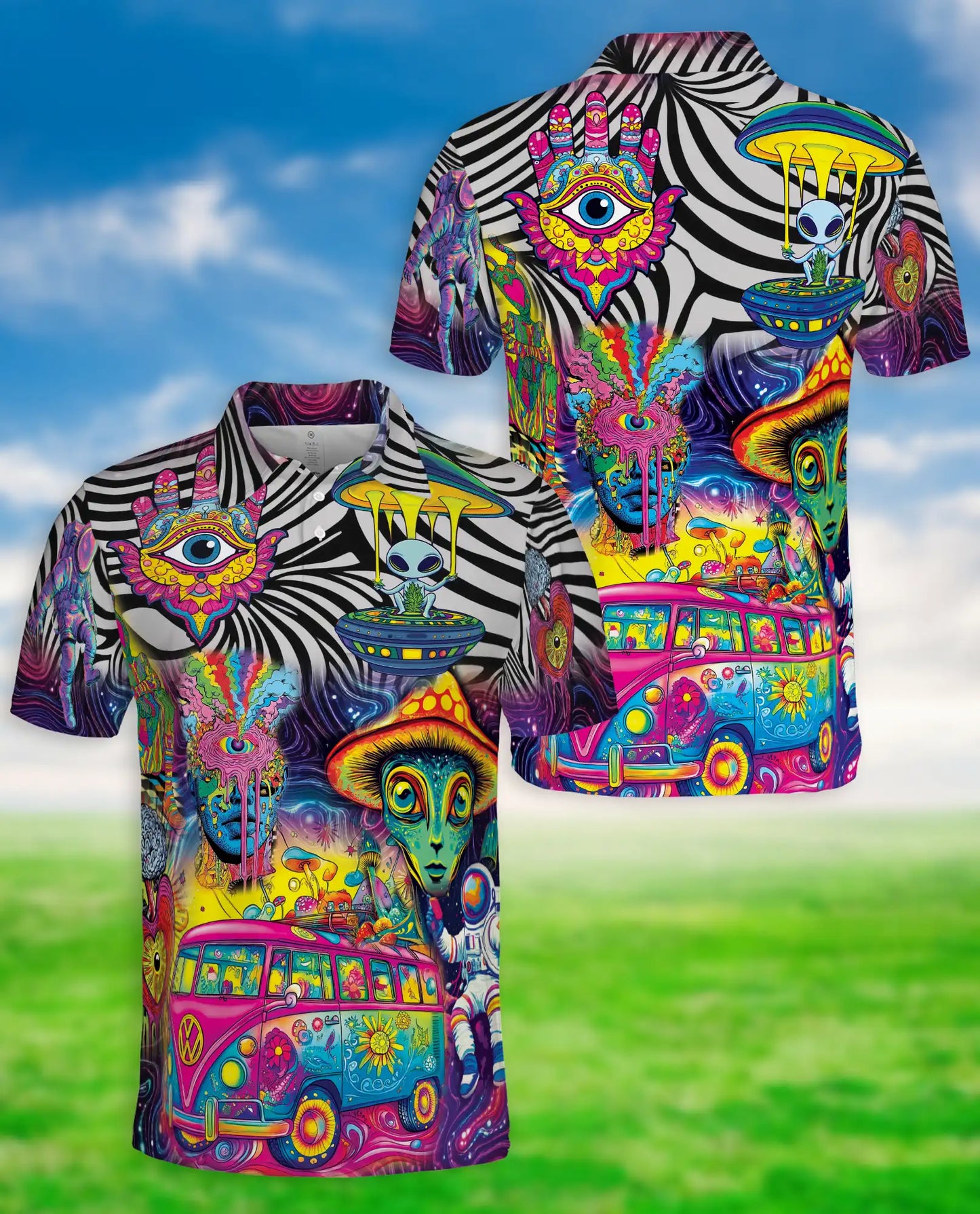 Psychedelic Alien Polo Shirt – Trippy Hippie Print | Netecom