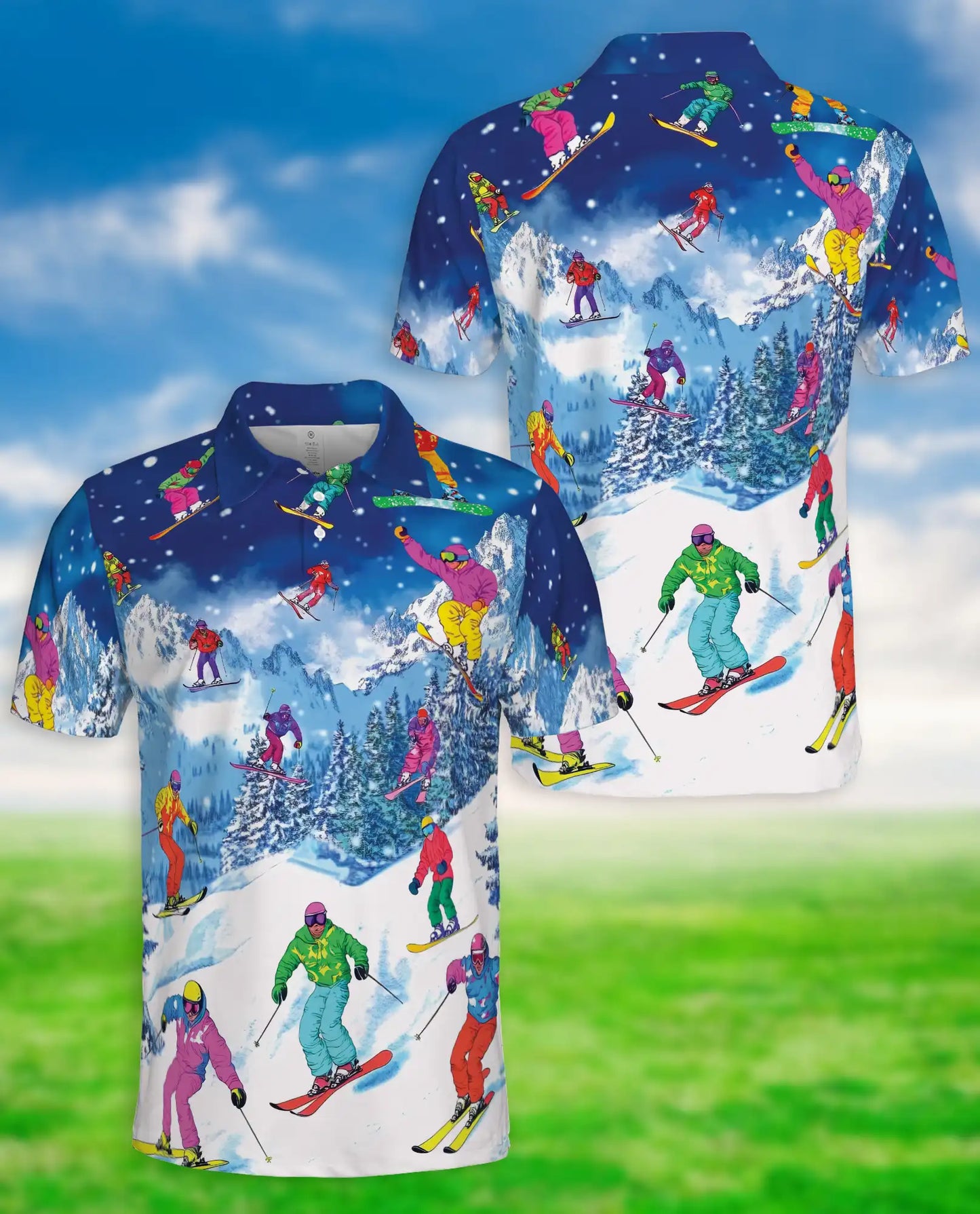 Colorful Skiing 3D Polo Shirt for Men – Winter Mountain Sports Style | Netecom