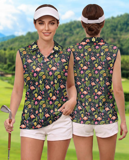Black Flamingo Retreat Sleeveless Polo Shirt for Women | Netecom