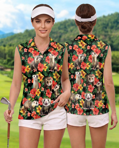 Ferrets Tropical Sleeveless Polo Shirt for Women – Cute Exotic Animal Style | Netecom