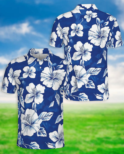 Blue White Hibiscus Polo Shirt | Netecom
