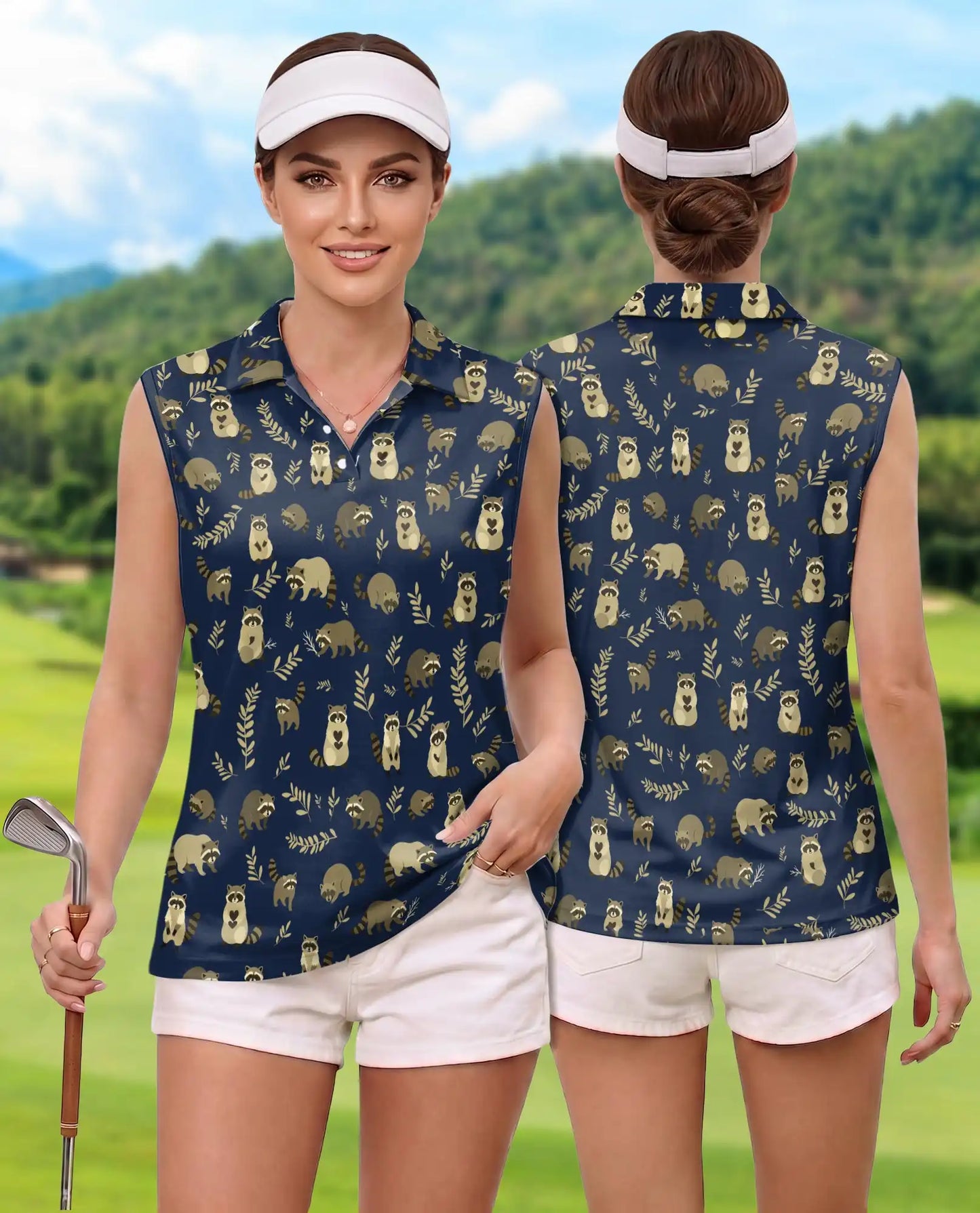 Navy Raccoon Pattern Sleeveless Polo Shirt for Women | Netecom