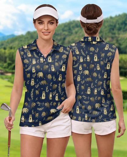 Navy Raccoon Pattern Sleeveless Polo Shirt for Women | Netecom