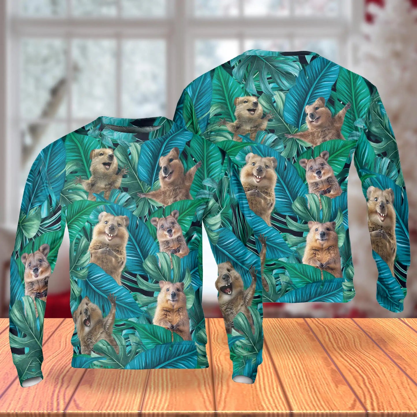 Cute Quokka Tropical Leaves Sweatshirt, 3D All Over Print Australian Animal Crewneck Pullover for Men Women, Quokka Lover Gift - Netecom